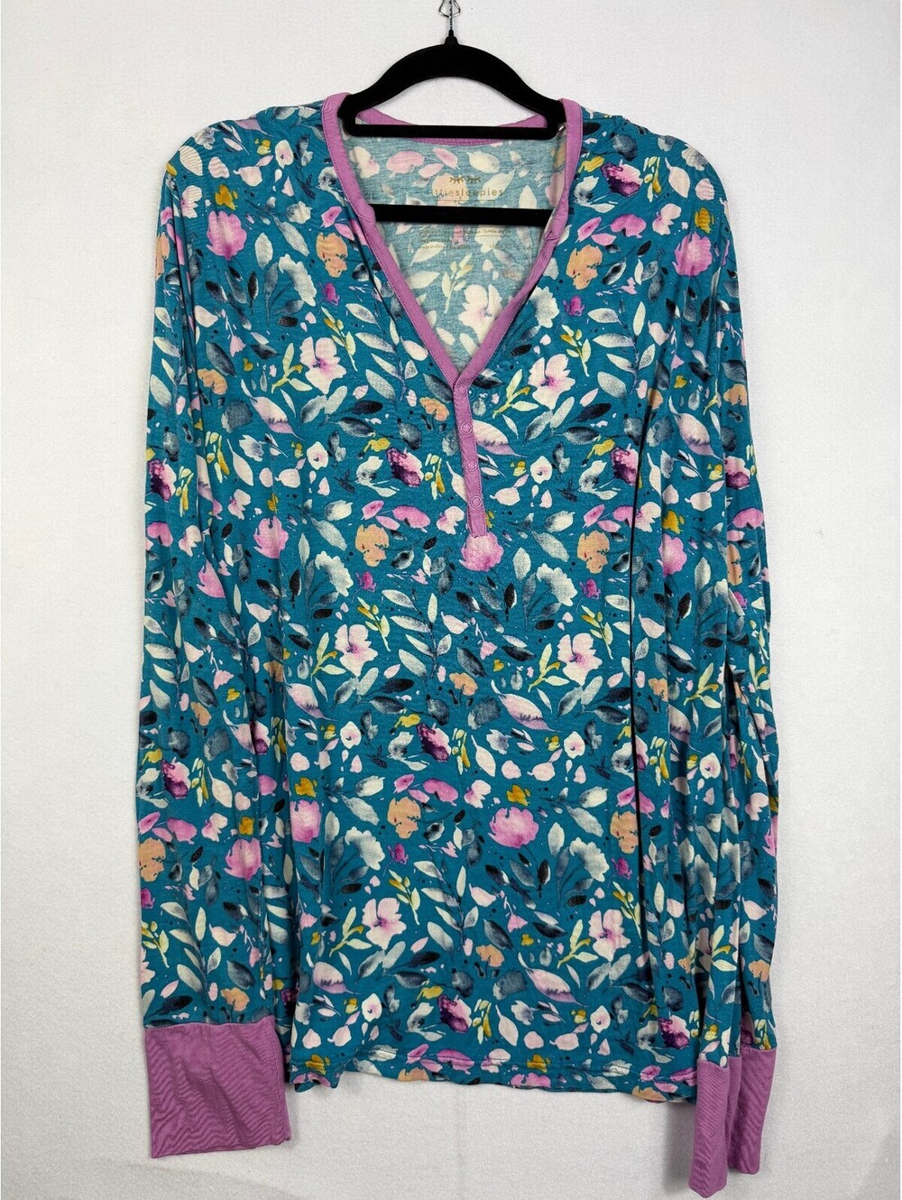 Little Sleepies Womens Pajama Top Sz L Teal Floral Henley Bamboo Sleepwear